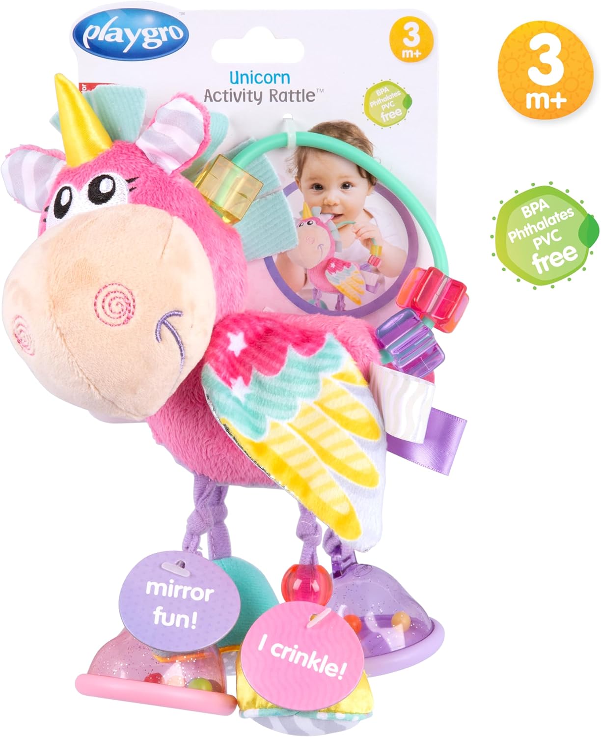 Playgro Unicorn Soft Baby Toys 3-6-12 Months Developmental, 3+ Months Rattles Teething Toys for Babies, Newborn & Infant Sensory Non-Toxic Plush Baby Rattle for Boy Girl Clip Clop Activity Gift