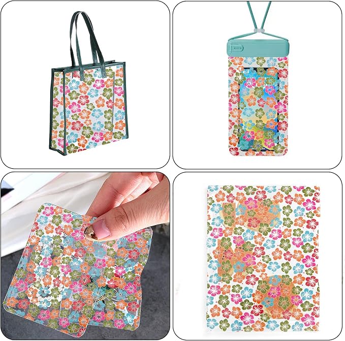 Flower Printed TPU Jelly Faux Leather Fabrics, 11.8 x 47.2 Inch Clear TPU Vinyl
