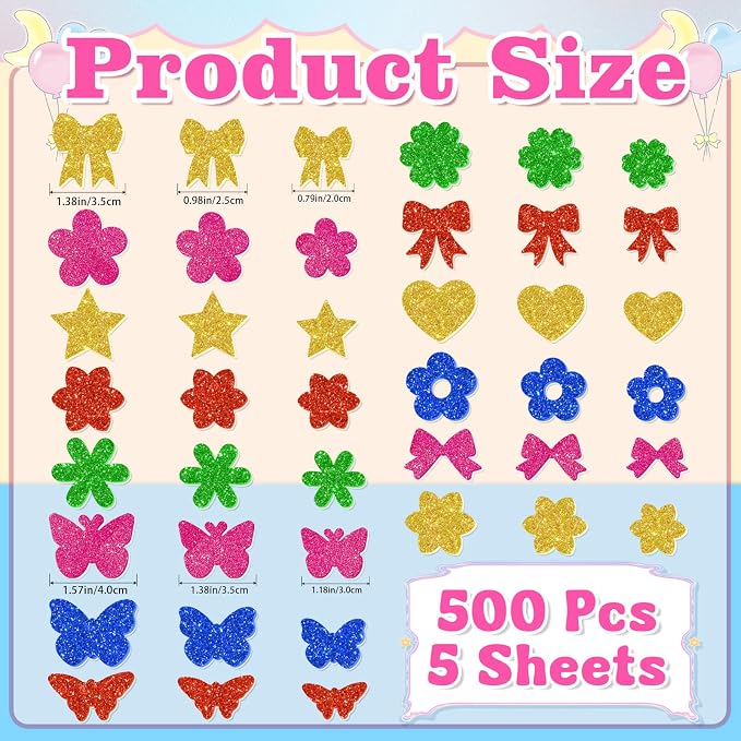 500Pcs Foam Stickers Glitter Colorful Flower Butterfly Bow Shapes Stickers
