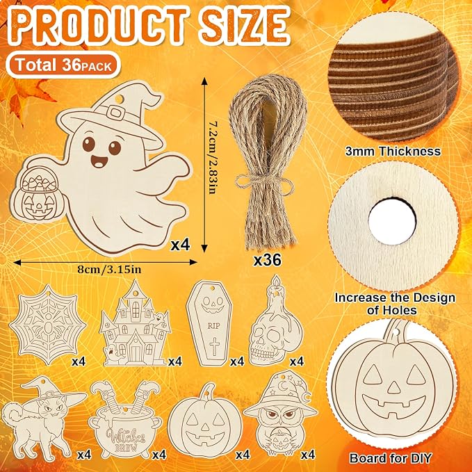 36PCS Wooden Halloween Ornaments to Paint Fall Decorations Crafts