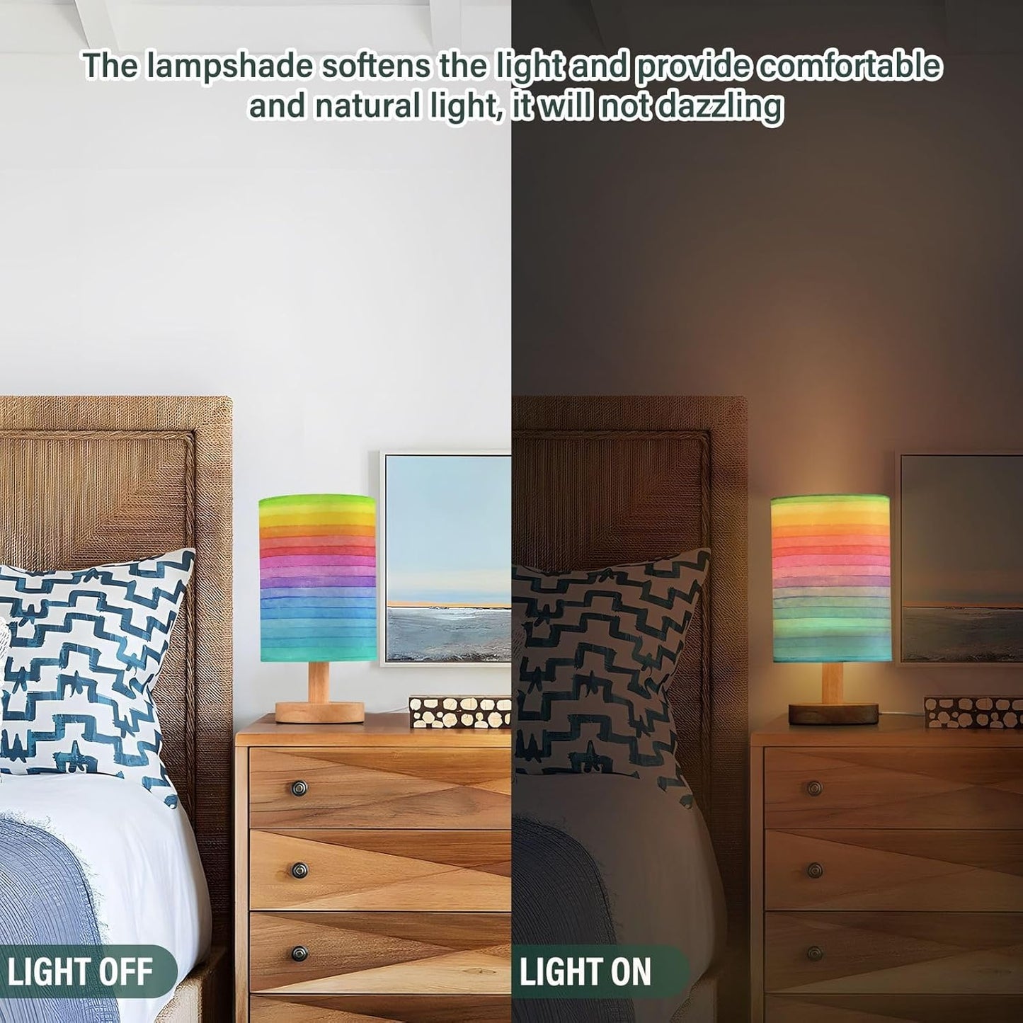 Table Lamp Colorful Striped Watercolor Bright Color Rainbow Print Nightstand Lamp with Wood Base Fabric Lamp Shade Bedside Desk Lamp for Living Room Bedroom Kids Room Office