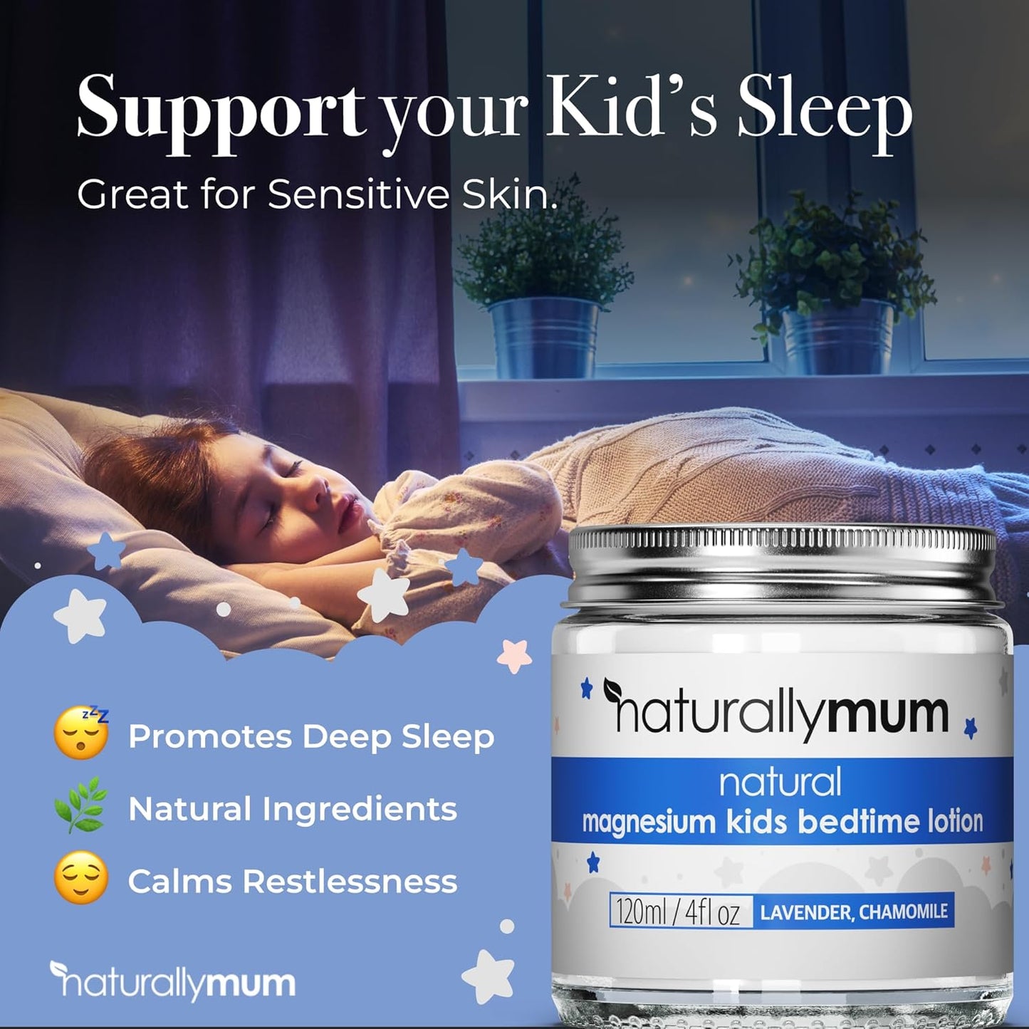 NaturallyMum NATURALLY MUM - Magnesium Lotion for Kids & Babies [NATURAL & SAFE] - Juniors Bedtime Lotion - Magnesium Sleep Cream for Kids & Babies - For Toddlers - Lavender & Chamomile