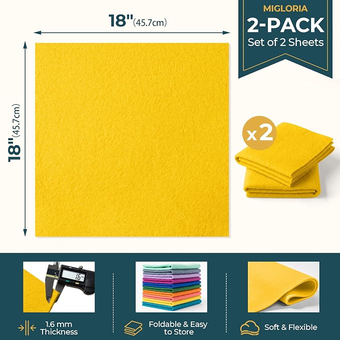 Felt Fabric Sheet 18 x 18 Inch, 1.6mm Thick | Soft and Flexible Nonwoven
