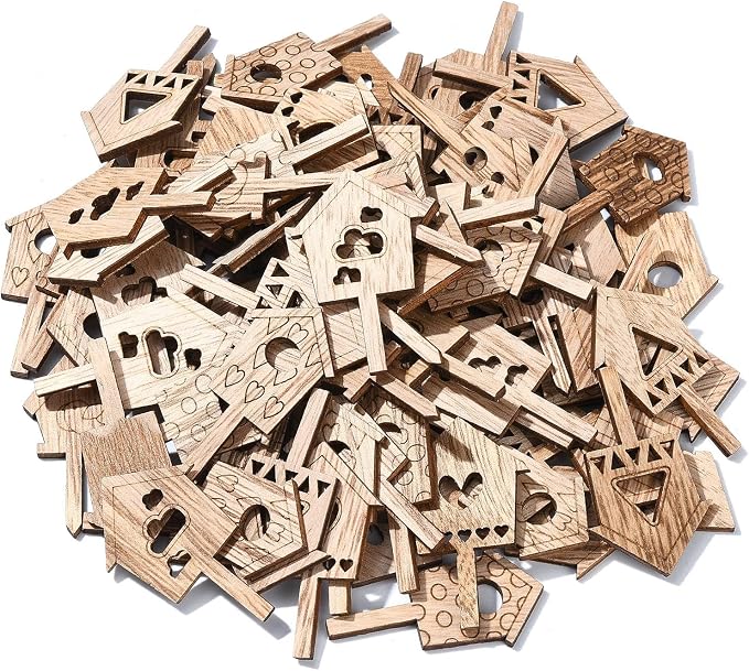 100 pcs Mixed Styles House Theme Unfinished Wood Cutout Charms Lovely Home Wood