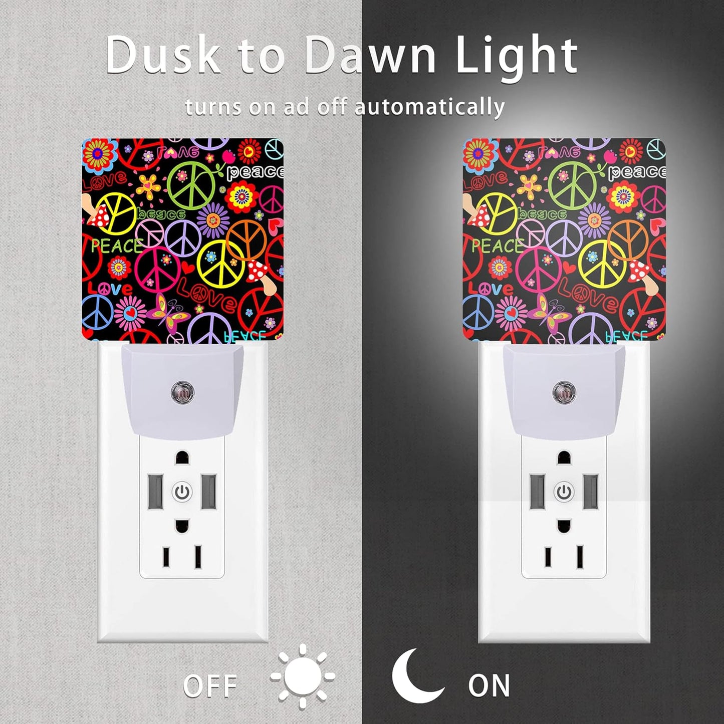 Hippie Peace Flowers Night Light,Hippies Plug-in Night Lights with Dusk-to-Dawn Sensor for Bedroom, Bathroom and Living Room 0.5W Sleep Friendly lamp for for Girlfriend/Boyfriend Gift