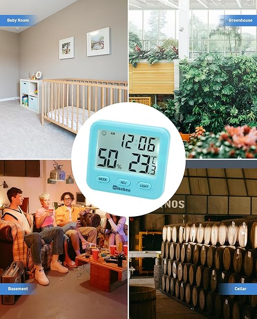 Wisebee Digital Indoor Hygrometer Thermometer, 2.9" Backlit Temperature Humidity Sensor Monitor for Baby Rooms, Home, Office, 1 Pack (Blue)