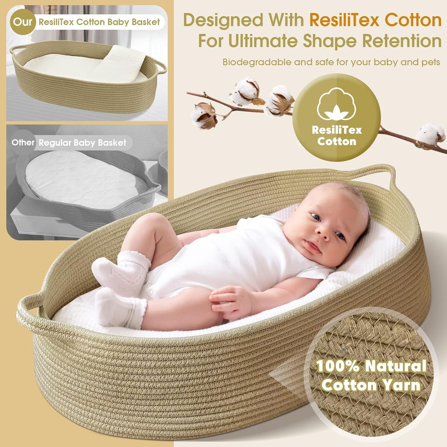 meloom Baby Changing Basket with Pads and Safety Belt- 100% Cotton Boho Baby Moses Basket Changing Table and Thick Pad with Waterproof Mattress Cover, Nursery Decor in Taupe Color with Storage Bag
