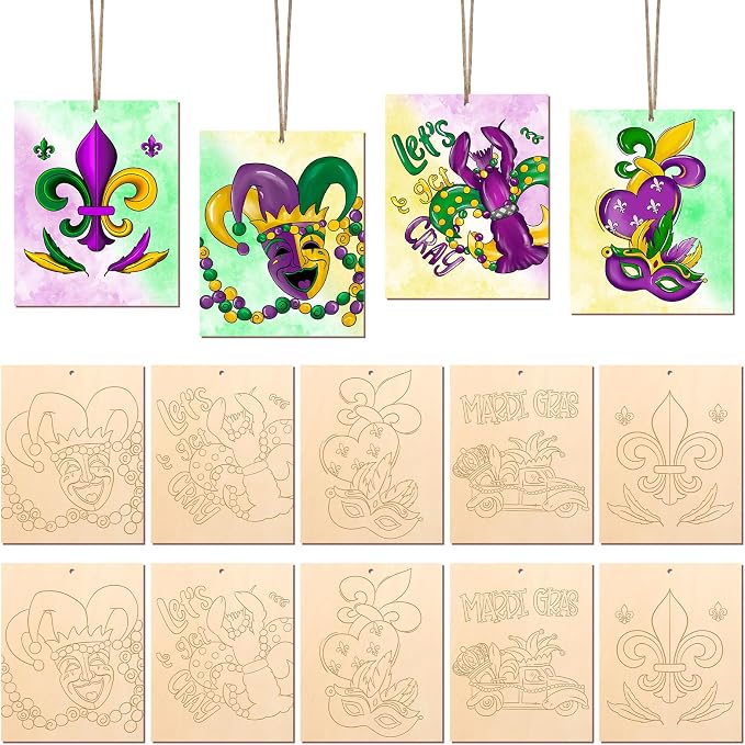 COCHIE 10 Pieces Large Mardi Gras Unfinished Wood Crafts to Paint