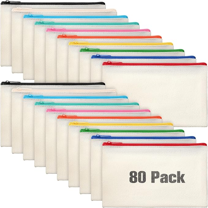 Reginary 80 Pack Canvas Zipper Makeup Bags Bulk Pencil Pouches Blank DIY Craft