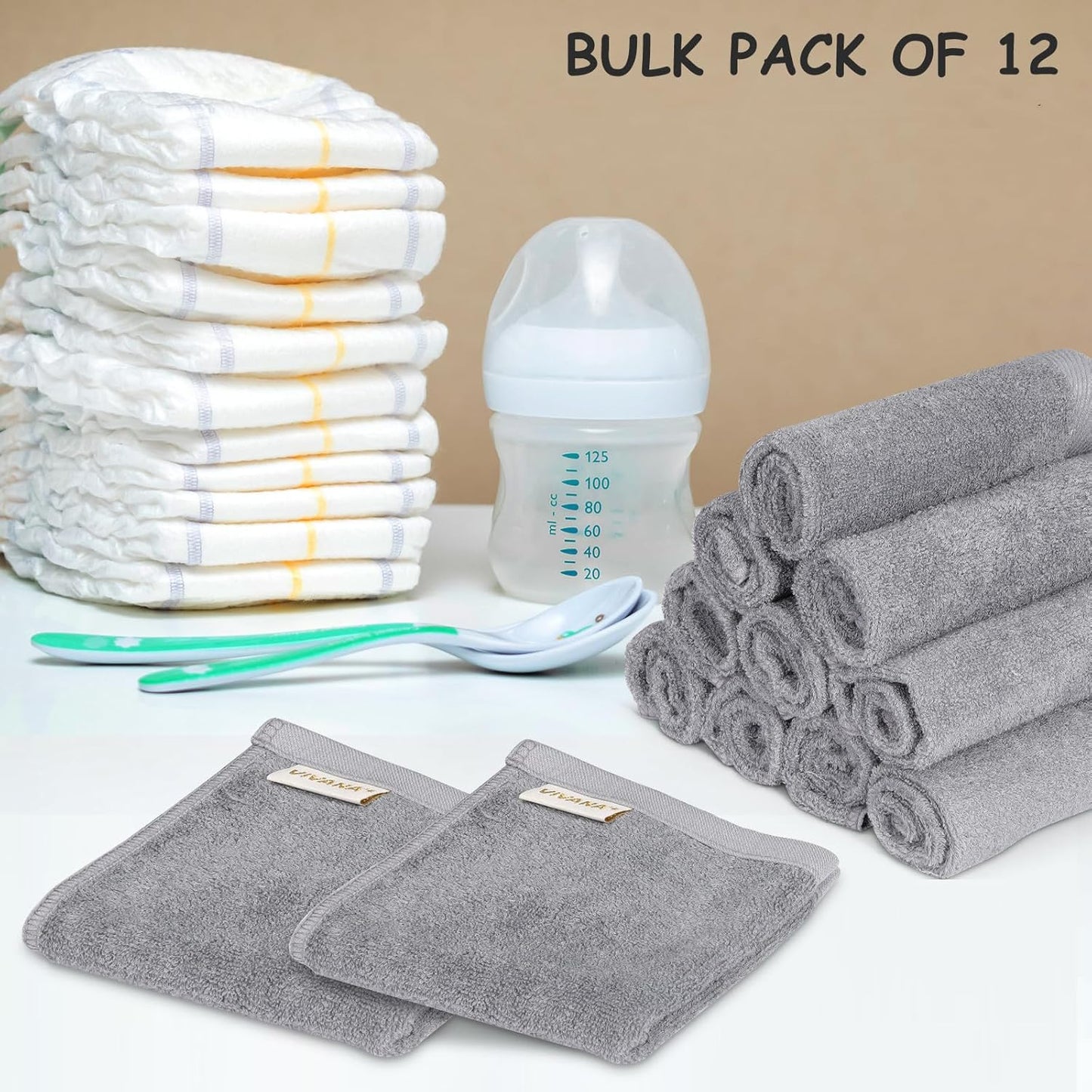 Baby Washcloths, Face Towels for Newborn/Infant/Kids/Adults, 12 Pack, 12x12 inches, Ultra Soft (Grey)