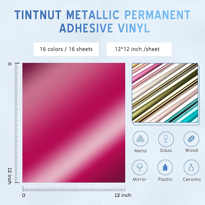 Tintnut Holographic Permanent Vinyl 16 Pcs 12x12in Metallic Adhesive Vinyl |