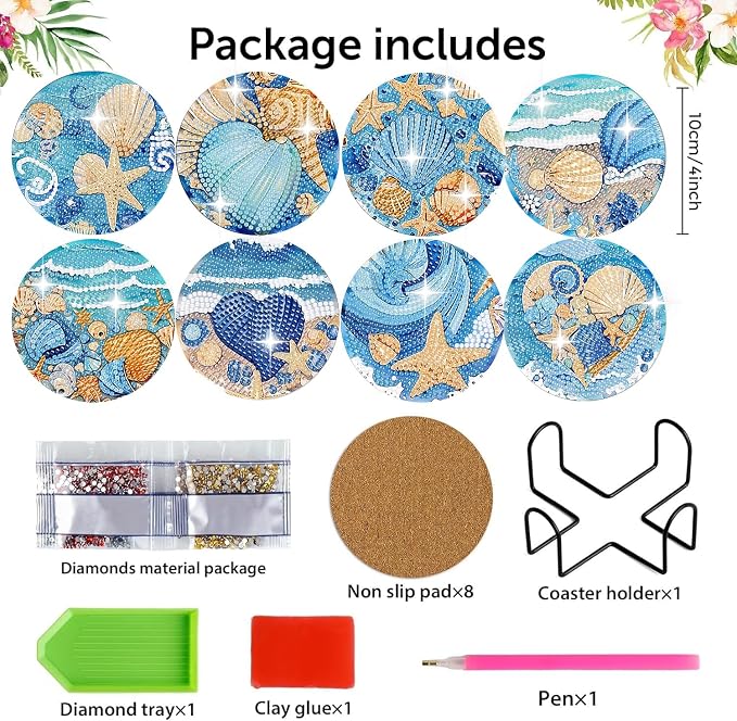 8 Pack Ocean Diamond Art Coasters, Seashell Diamond Painting Coasters Kits |