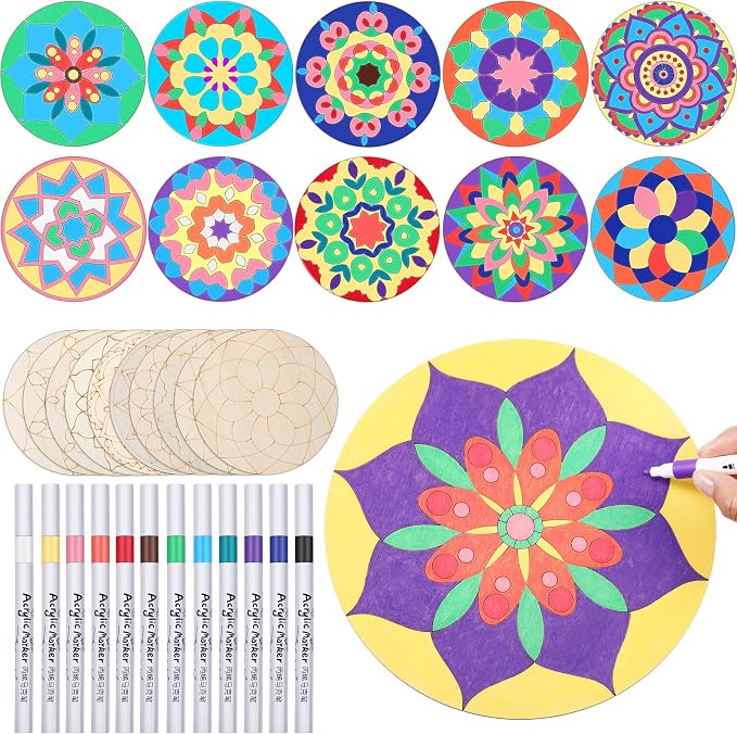 Vercraft 22 Pcs Wooden Mandala Painting Set 10 Mandala Unfinished Wood Cutouts