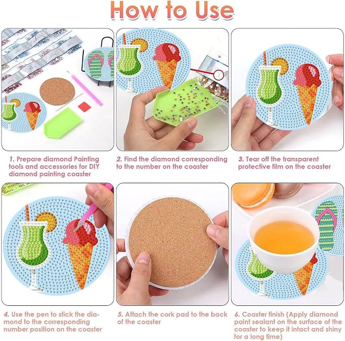 Benjenes 8PCS Summer Diamond Art Coasters Kit