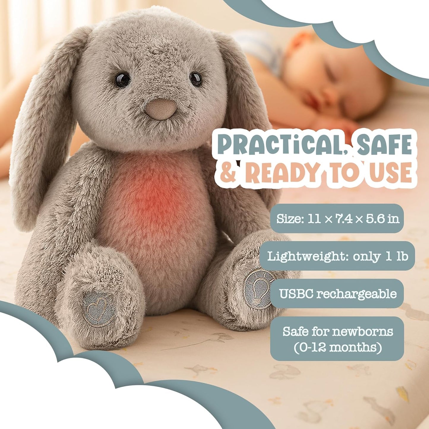 Gemma Joy Baby Sleep Soother Bunny for Baby – Cry Activated Heartbeat Stuffed Animal – Rechargeable Crib Soother with White Noise, Shush, Lullabies & Night Light – Newborn Essentials Must Haves