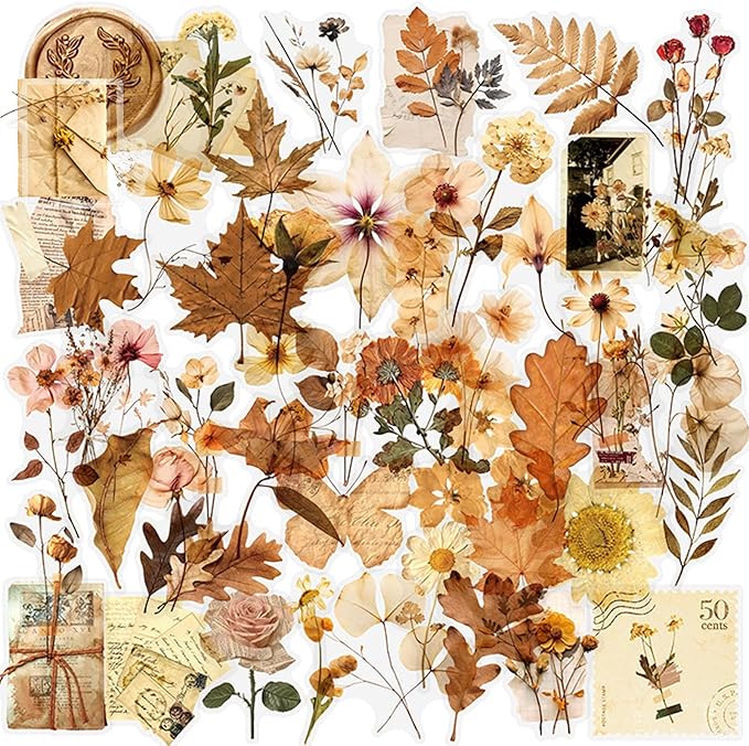 52Pcs Vintage Botanical Scrapbook Stickers Pack, Transparent Fern Leaf Stickers