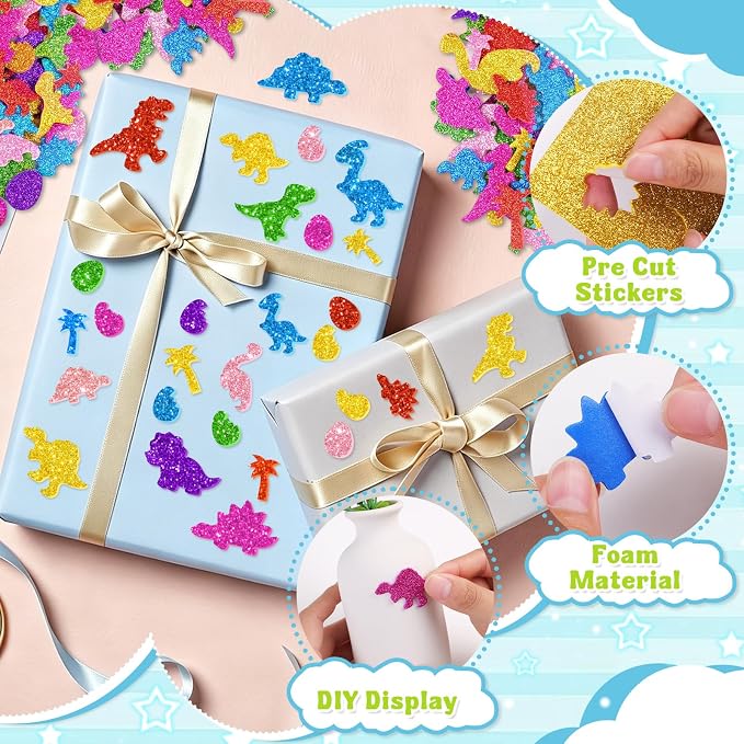 681 Pcs Glitter Foam Stickers, Dinosaur Shapes Stickers, 7 Sheets Colorful 3D
