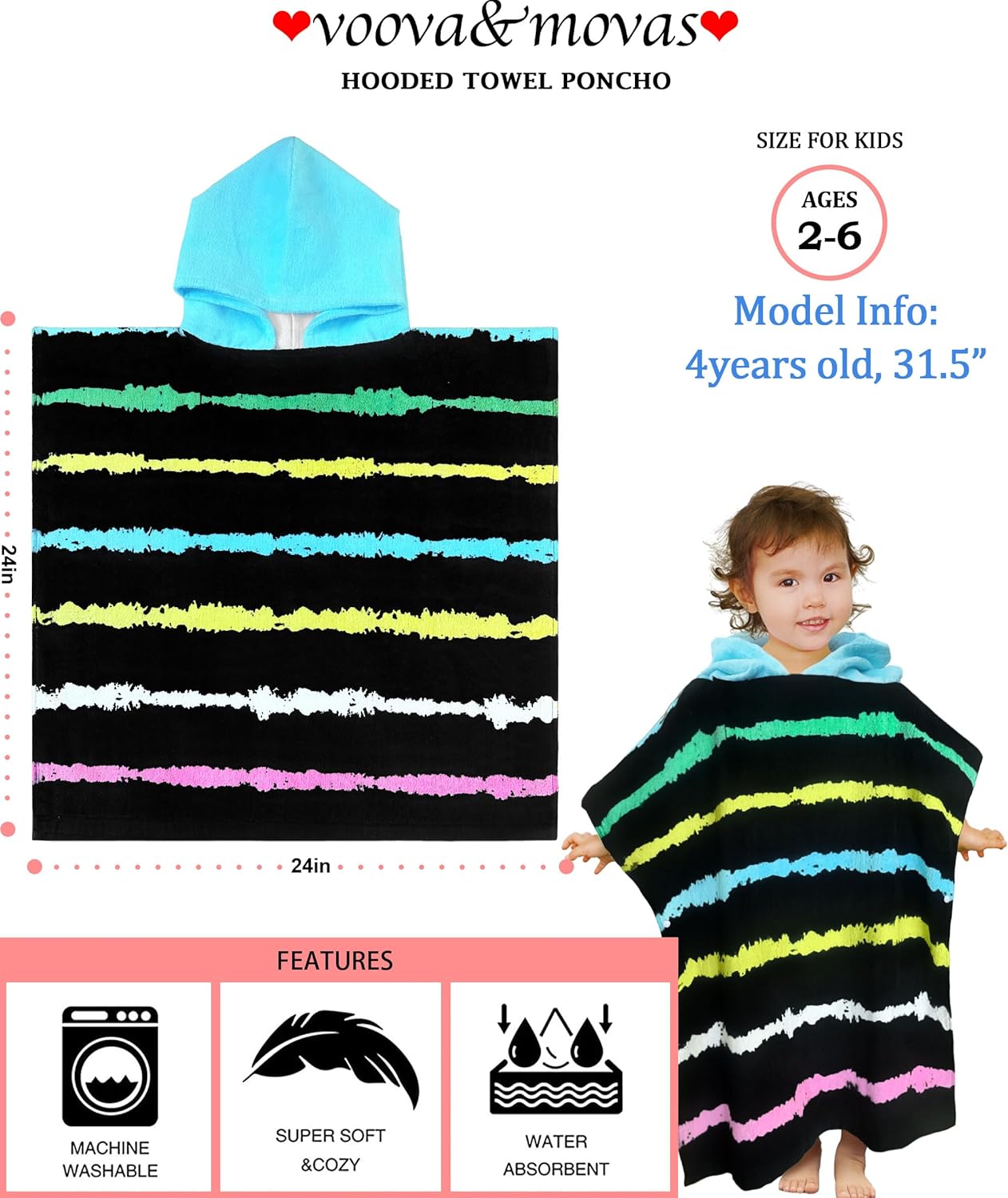 VOOVA & MOVAS Hooded Bath Towels for Toddler (2-6Years), Absorbent Soft Cotton Hooded Poncho Towel for Kids,Perfect for Child Swim | Camping | Surf | Shower | Birthday Gifts,Black Stripe