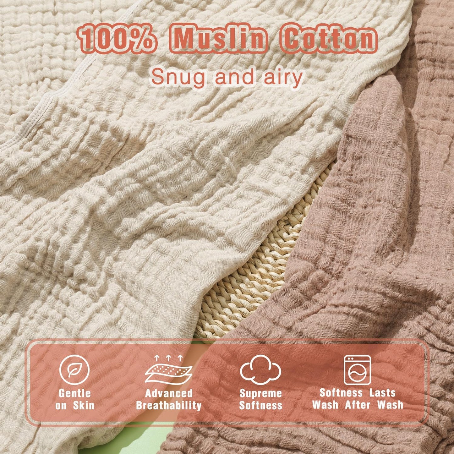 Muslin Hooded Baby Towels, 2 Pack 100% Cotton 32x32Inch Baby Bath Towel with Hood for Babies, Infant, Toddler, Soft and Absorbent Newborn Essential. (Light Bean Paste)