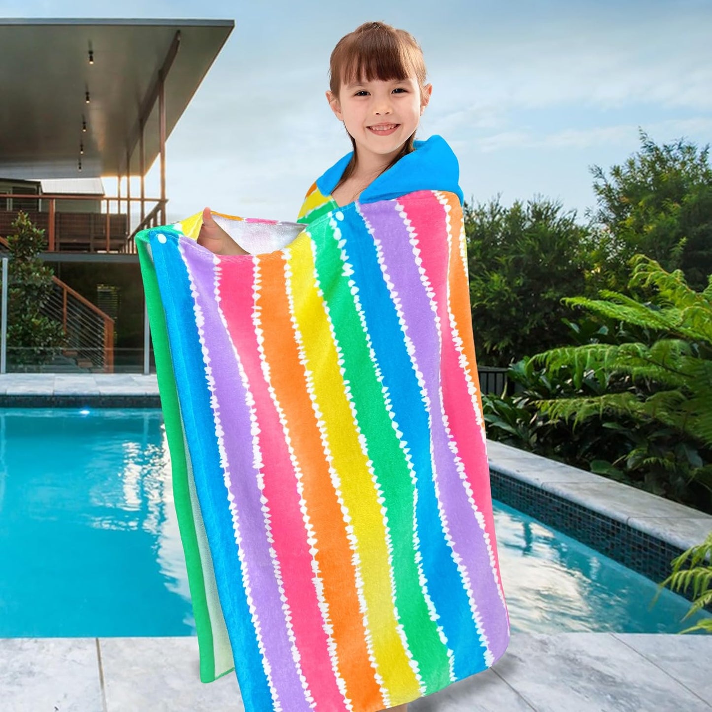VOOVA & MOVAS Kids Poncho Towels with Hood (4-8Years), Absorbent Lightweight Hooded Beach Towel for Pool | Swim | Bath, Color Stripe