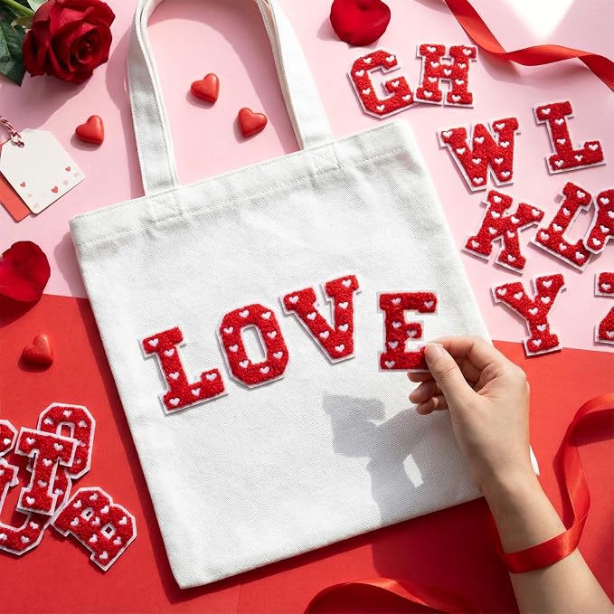 WILLBOND 52 Pcs Valentine's Day Heart Self Adhesive Chenille Letters Patches
