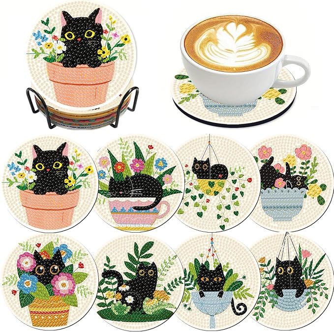 Clendo 8 Pcs Black Cat Diamond Art Coasters Kit