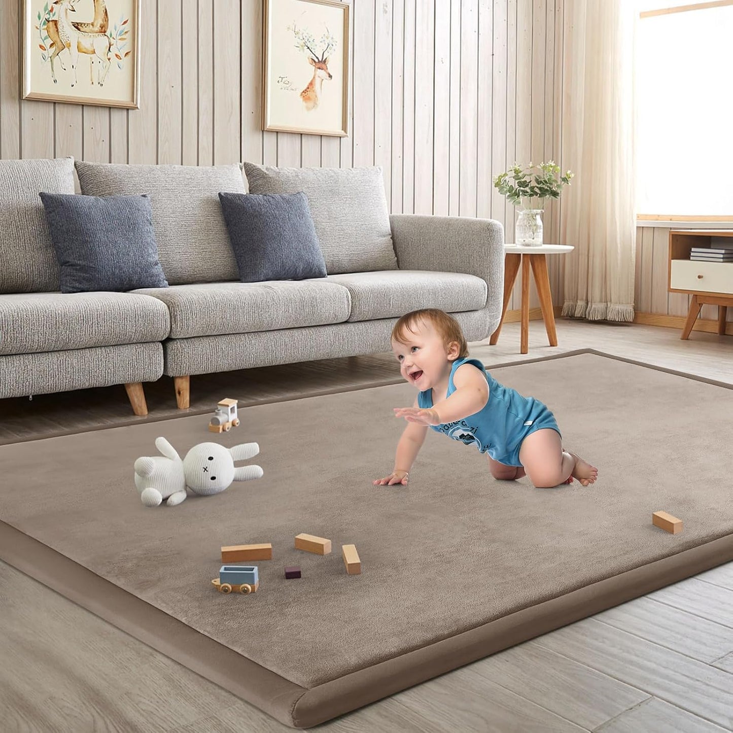 Baby Play Mat for Floor Tummy Time Mat Nursery Muscle Area Rug Playroom Rug Tatami 65"*50" Memory Foam 1.3" Thick Crawling for Babies,Toddlers, Infants, Kids,Floor(Brown)