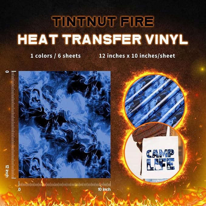 Tintnut Black Blue Flame Heat Transfer Vinyl, stretch washable, suitable