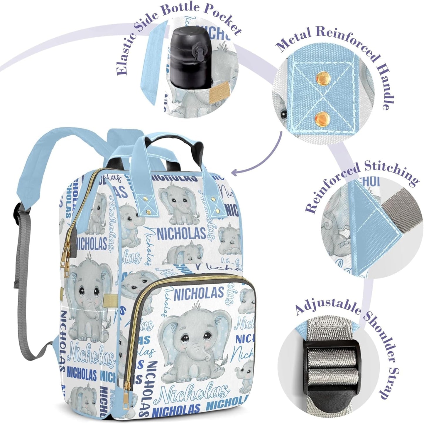 Custom Diaper Bag Mommy Bag with Multi-function Shoulders Outdoor Backpack for Newborn Baby Boy Elephant, Blue Customized Nappy Backpack with Thermal Pockets Nursing Bags