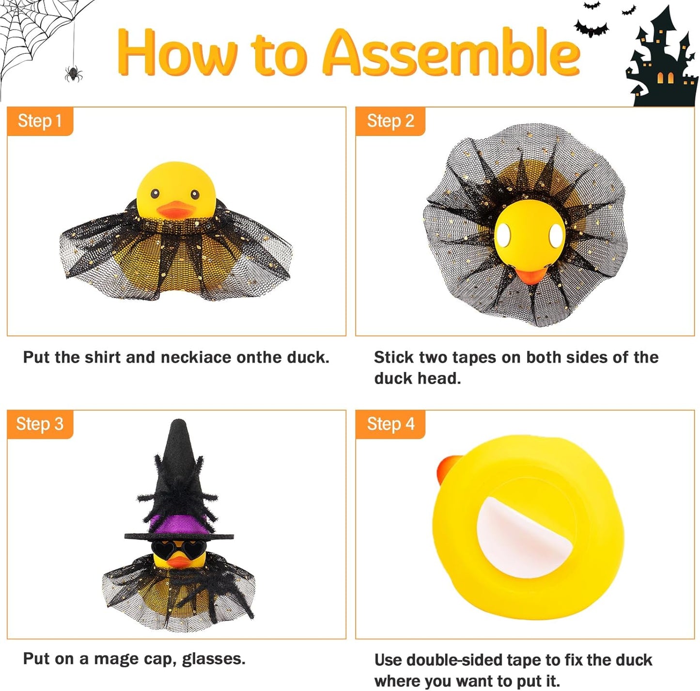 wonuu Car Dashboard Spider Witch Rubber Ducks for Halloween, Decorations Duck for Office Desk Ornament Accessories with Hat Glasses Skirt, for Halloween Party Gifts (Gold Point Skirt Red)