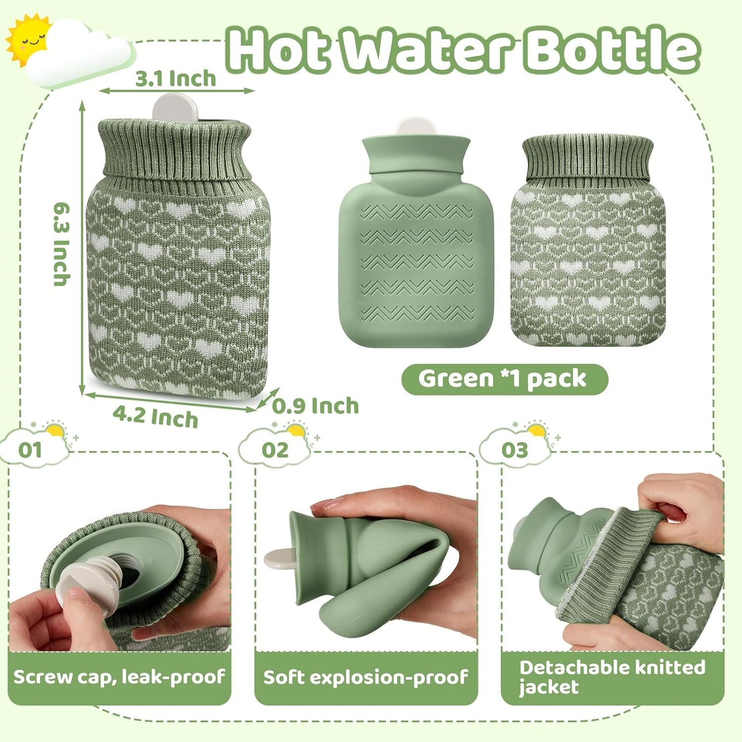 Amylove Mini Hot Water Bottle 320ml for Hot & Cold Compress with Cover Silicone Microwave Heating Small Water Bag for Travel Pain Relief Holiday Gifts(Sage Green)