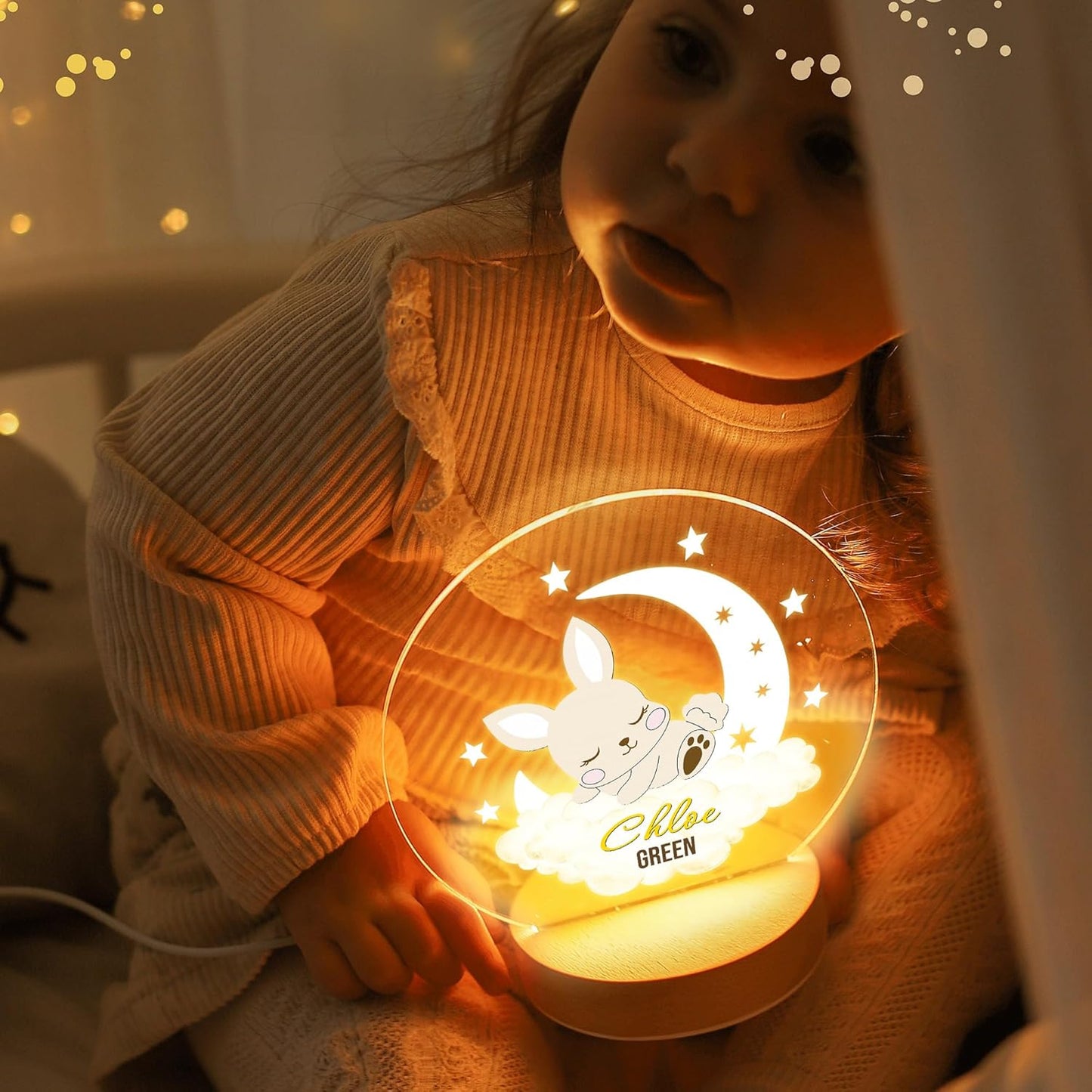 callie Acrylic Night Light Name Plate Personalized, Custom Cute Animal Dog Cat with Wooden Base Bedroom Decor, Birthday Gifts Kid Gifts for Family (Dreamy Moon Forest)
