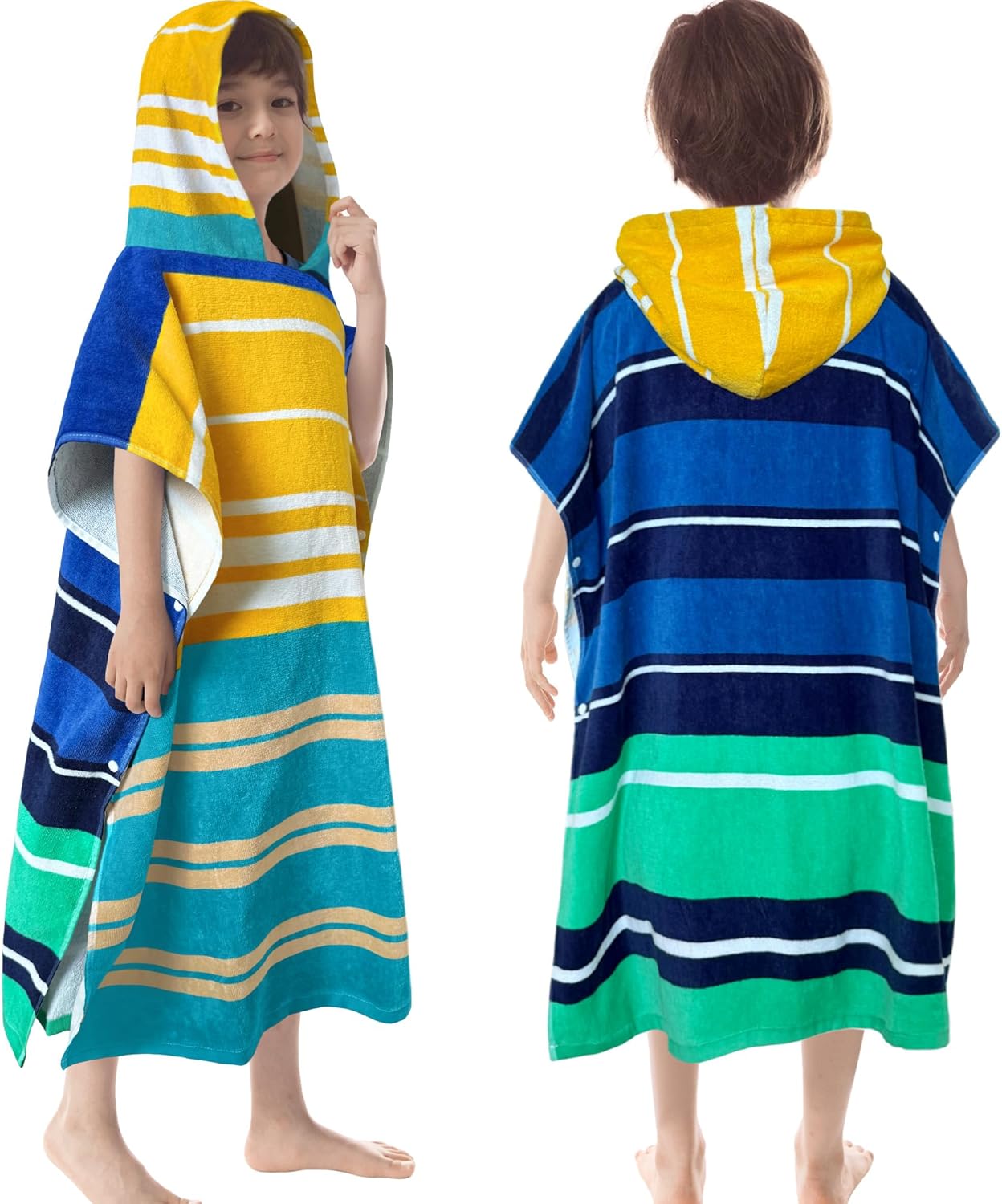 VOOVA & MOVAS Hooded Poncho Towels for Big Kids, Oversized (6-12Years,26"X64") Made from 100% Soft Cotton,Absorbent Bathrobe for Boys,Perfect for Pool| Swimming | Bathing | Beach, Blue Stripe