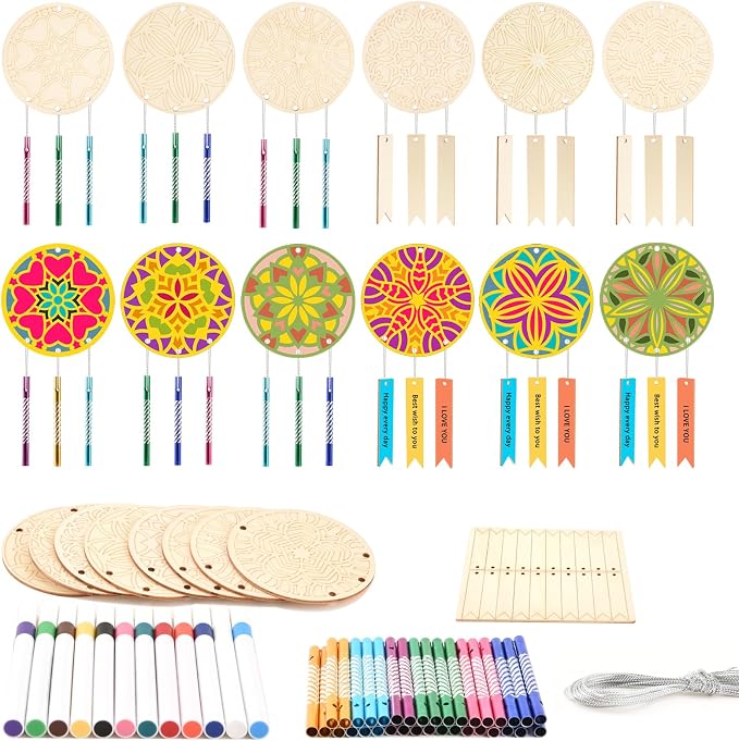 Wooden Mandala Wind Chime Ornaments Painting Craft, 8 Style Cutouts