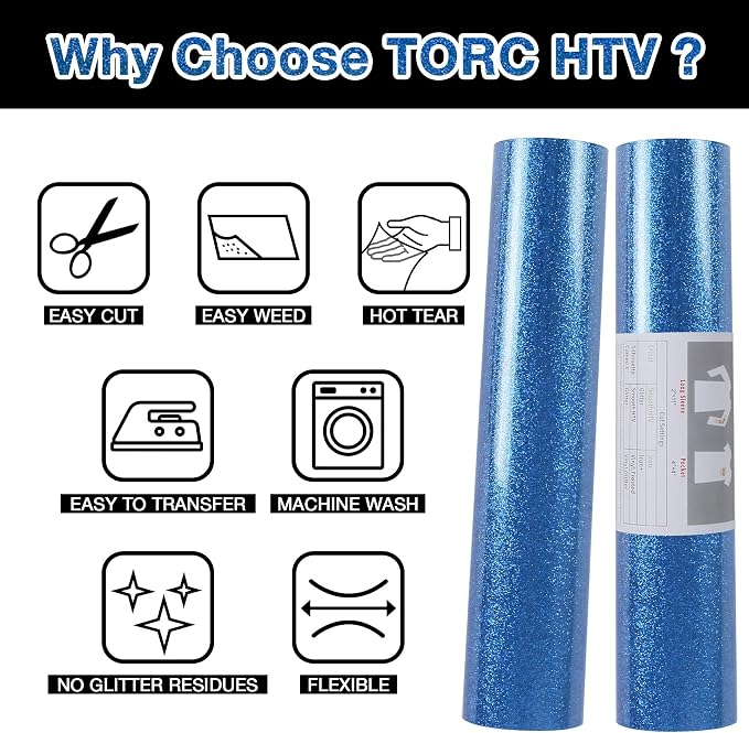 TORC Royal Blue Glitter HTV Heat Transfer Vinyl Roll 12 inch x 20 ft Iron on