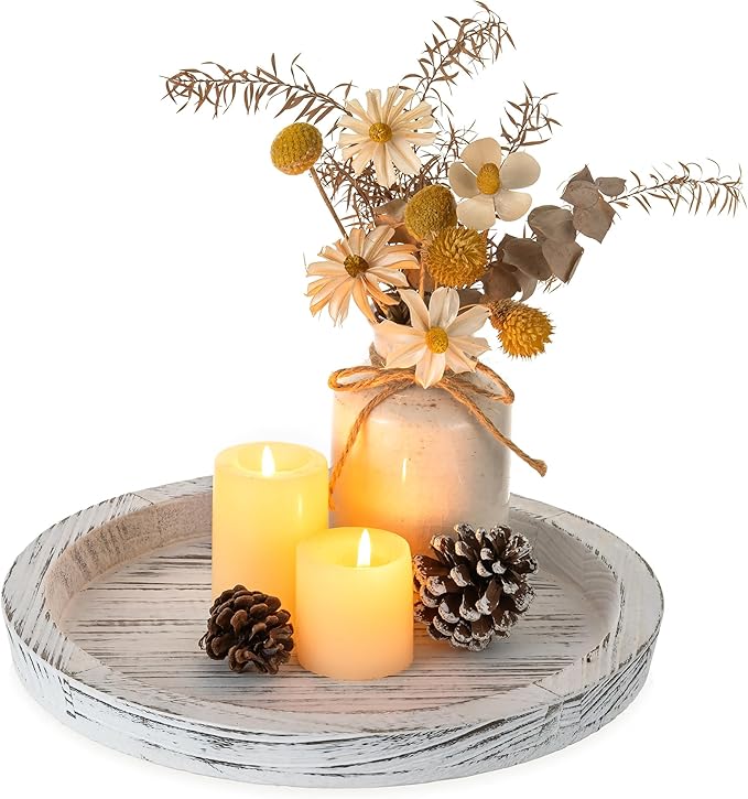 Hanobe Wooden Tray for Coffee Table: Candle Holder Plate Round Decorative