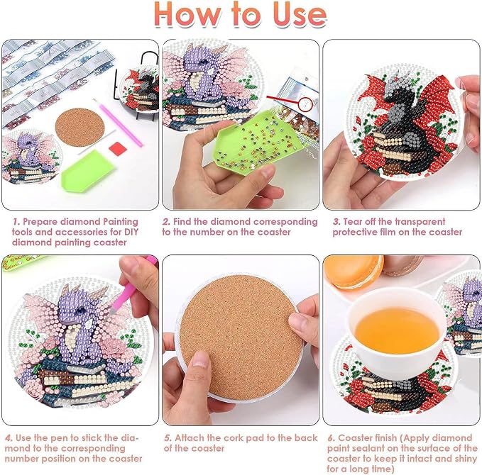 8 PCS Diamond Art Coasters Kits Dragon Book Diamond Painting Coaster | Diamond