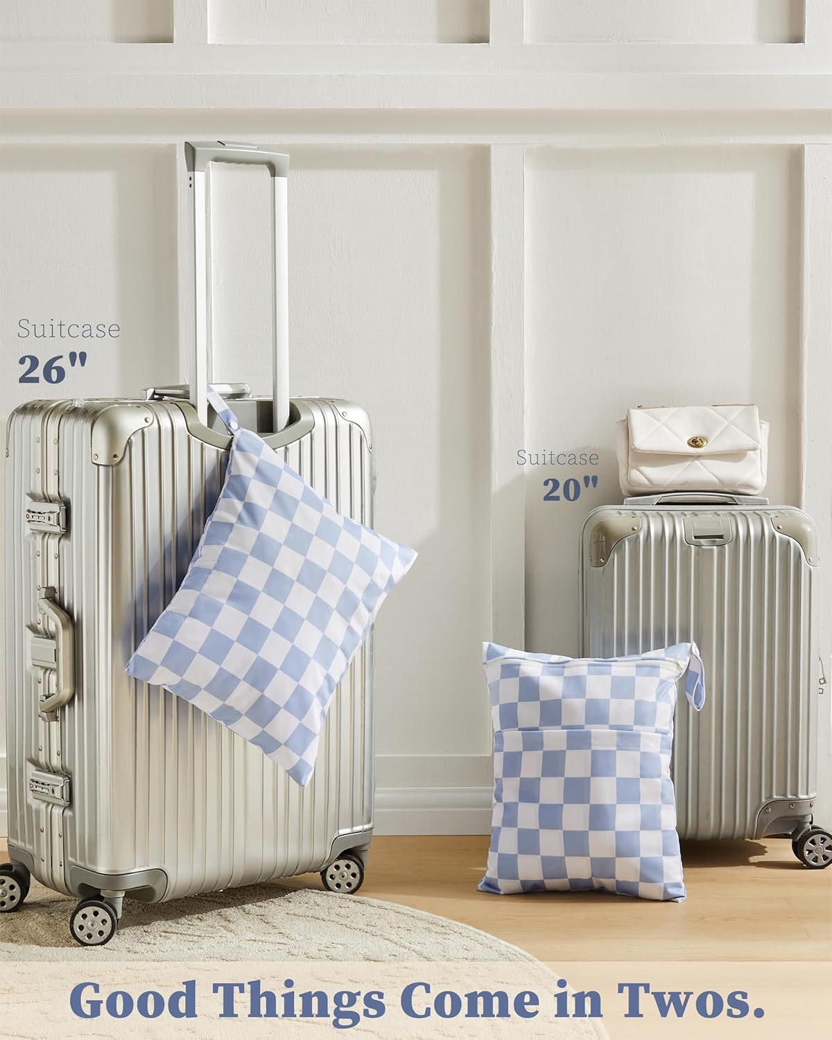 Blue Checkered Waterproof Wet Dy Diaper Bag for Baby Essentials, Travel, Swimsuit, Beach Bag Accessories, Aesthetic Trendy Cute Toddler Baby Bag Pouch, Pack of 2