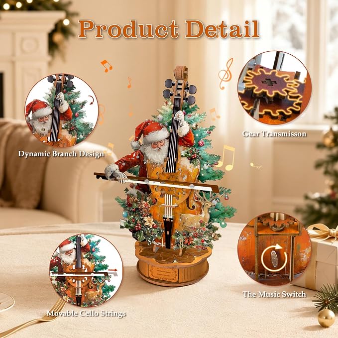 3D Wooden Puzzles for Adults, Christmas Cello Music Box, DIY Cello Model Kit