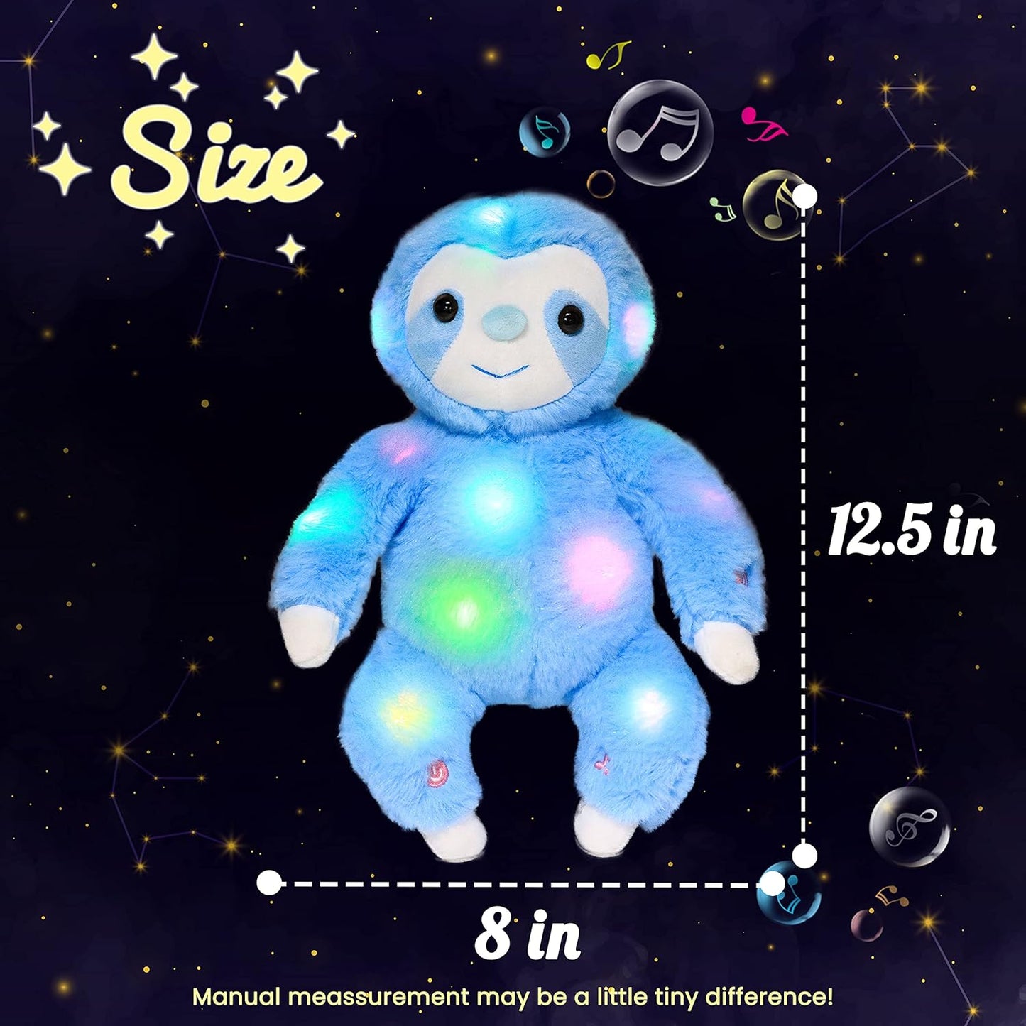 Hopearl LED Musical Plush Sloth Lighting Up Stuffed Animal Three Toed Sloth Floppy Night Lights Glow in The Dark Birthday Festival for Kids Toddlers, Blue, 12.5''