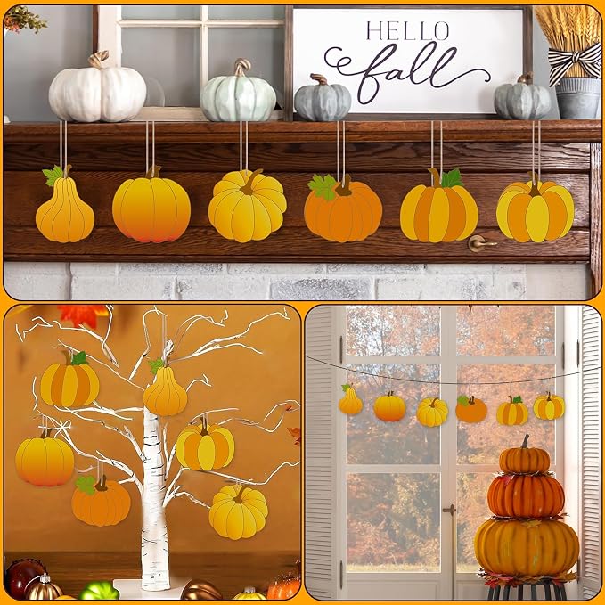 24 PCS Unfinished Wooden Fall Crafts, Pumpkin Shaped Hanging Ornaments DIY Wood