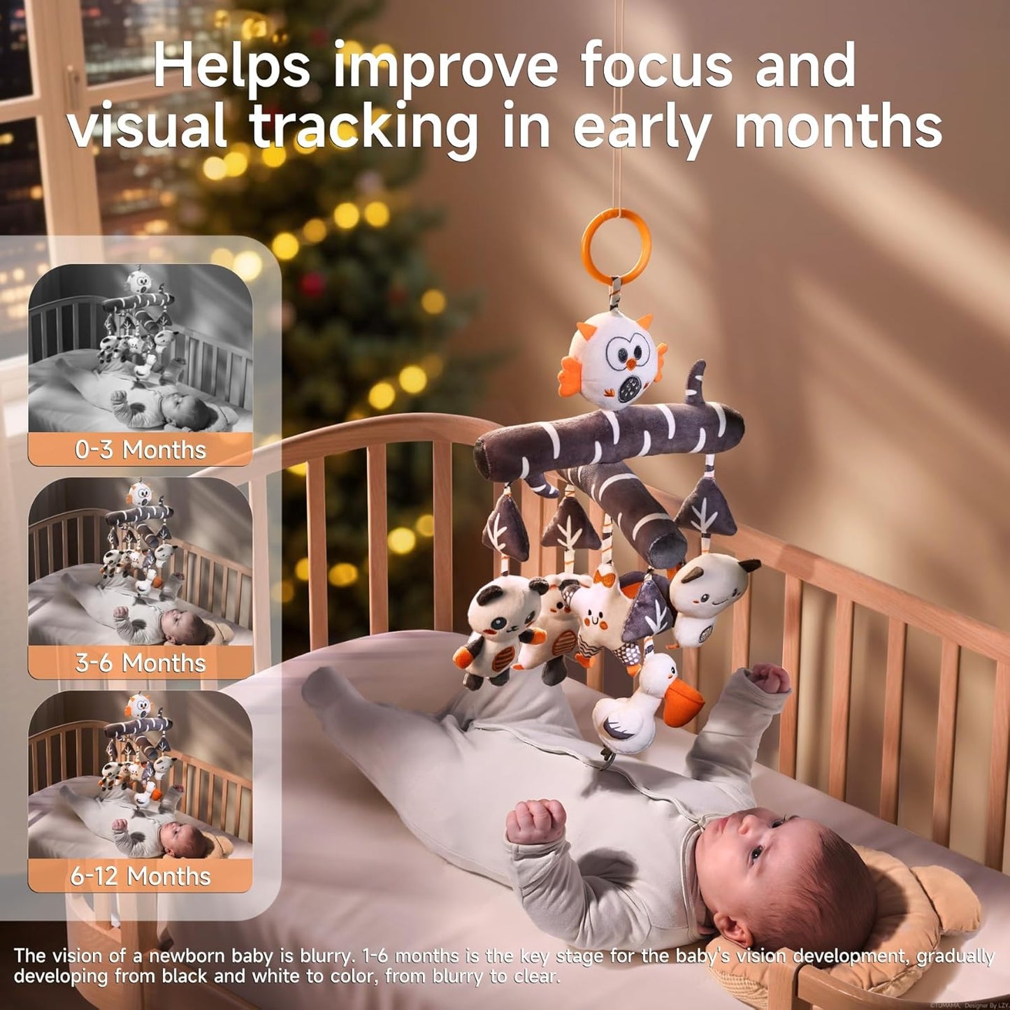 TUMAMA Black and White Crib Hanging Plush Toy, Active Plush Animal Crib Mobile, Sensory High Contrast Baby Toy for 0 3 6 9 to 12 Months