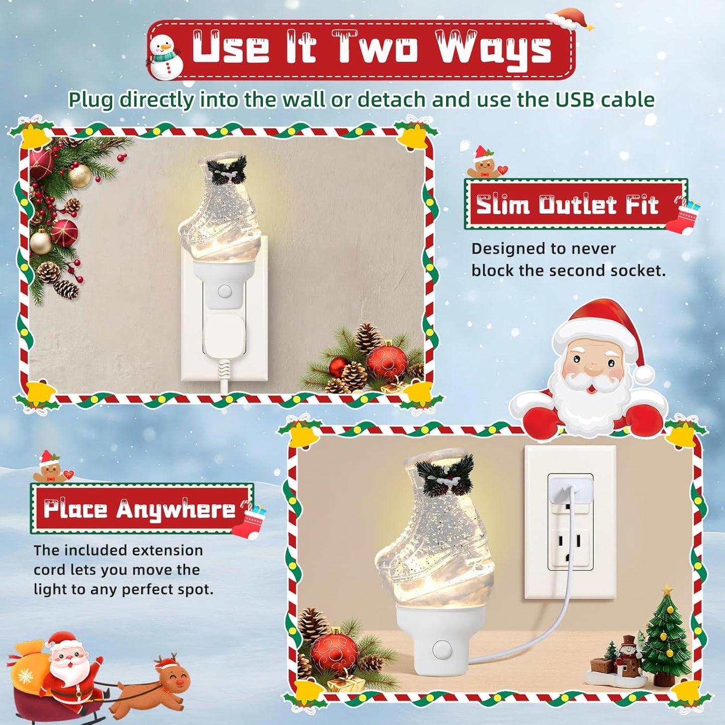 Christmas Night Light Plug into Wall Swirling Glitter USB Portable Christmas Decorative Night Light Decoration for Kids Adults Bedroom Kitchen Living Room Holiday Decor (Ski Boots)