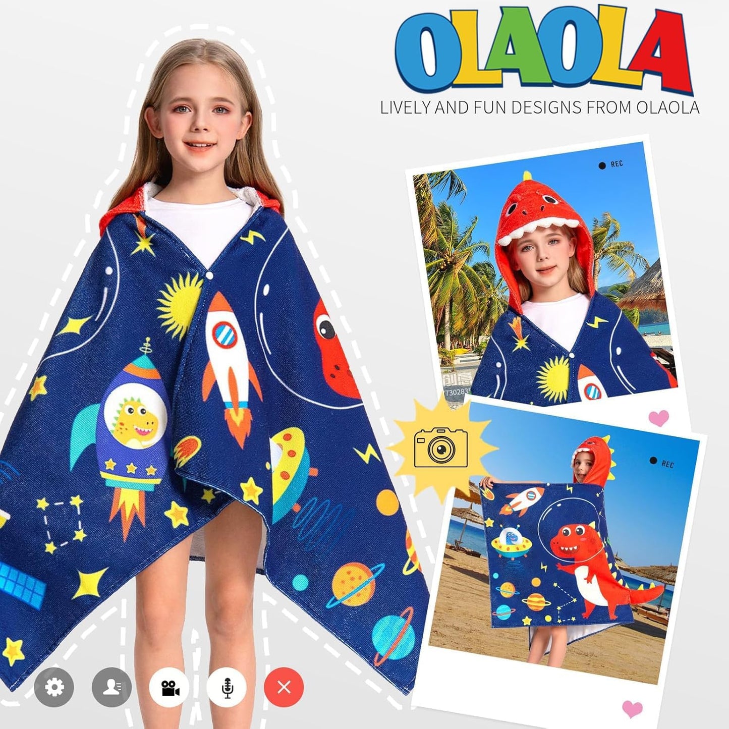 OLAOLA Space Dinosaur Hooded Towel for Kids 3-12 Years, Soft Thick Absorbent Beach Towels, Toddler Bath Towel Wrap 28" x 53", Swim Pool Towels Poncho for Boys Girls