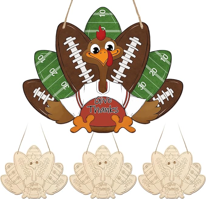 Paintable Thanksgiving Ornaments 3 Sets, Wooden Football Turkey Ornaments to