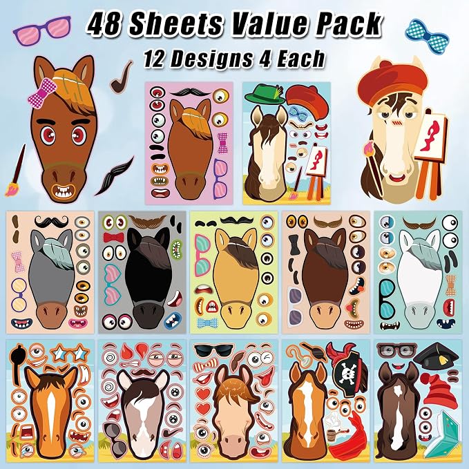 48 Sheets Create Funny Ponies Stickers, Make a Face Stickers