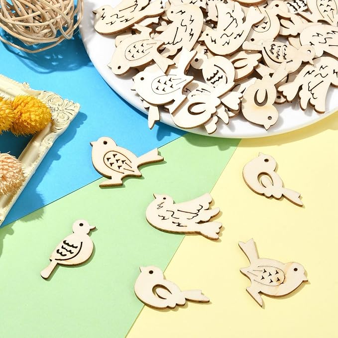 200 Pcs Unfinished Wooden Bird Cutouts Wood Animals Shapes Blank Wood Slices