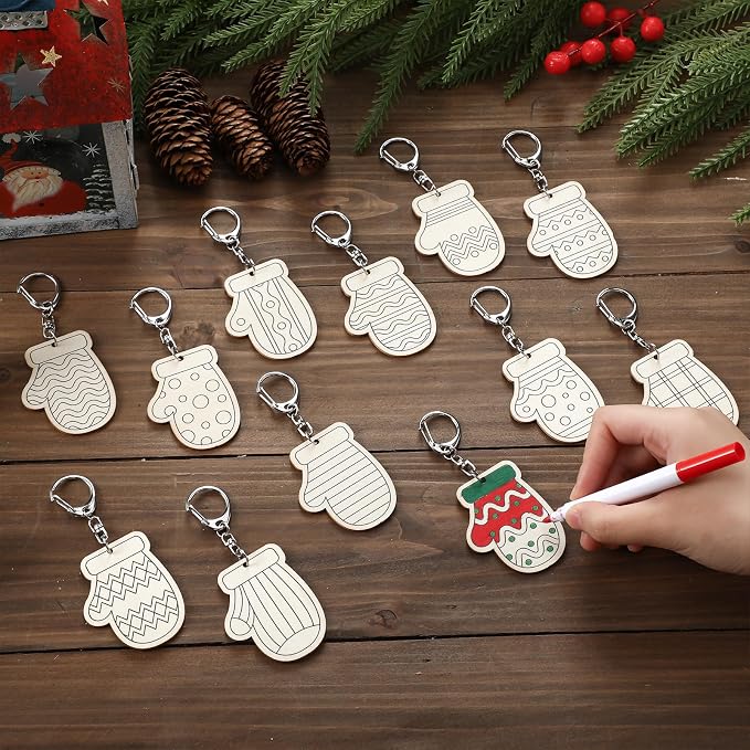 RattanView 24 Pcs Mitten Craft Color Your Own Keychains Diy Craft Wooden Blank