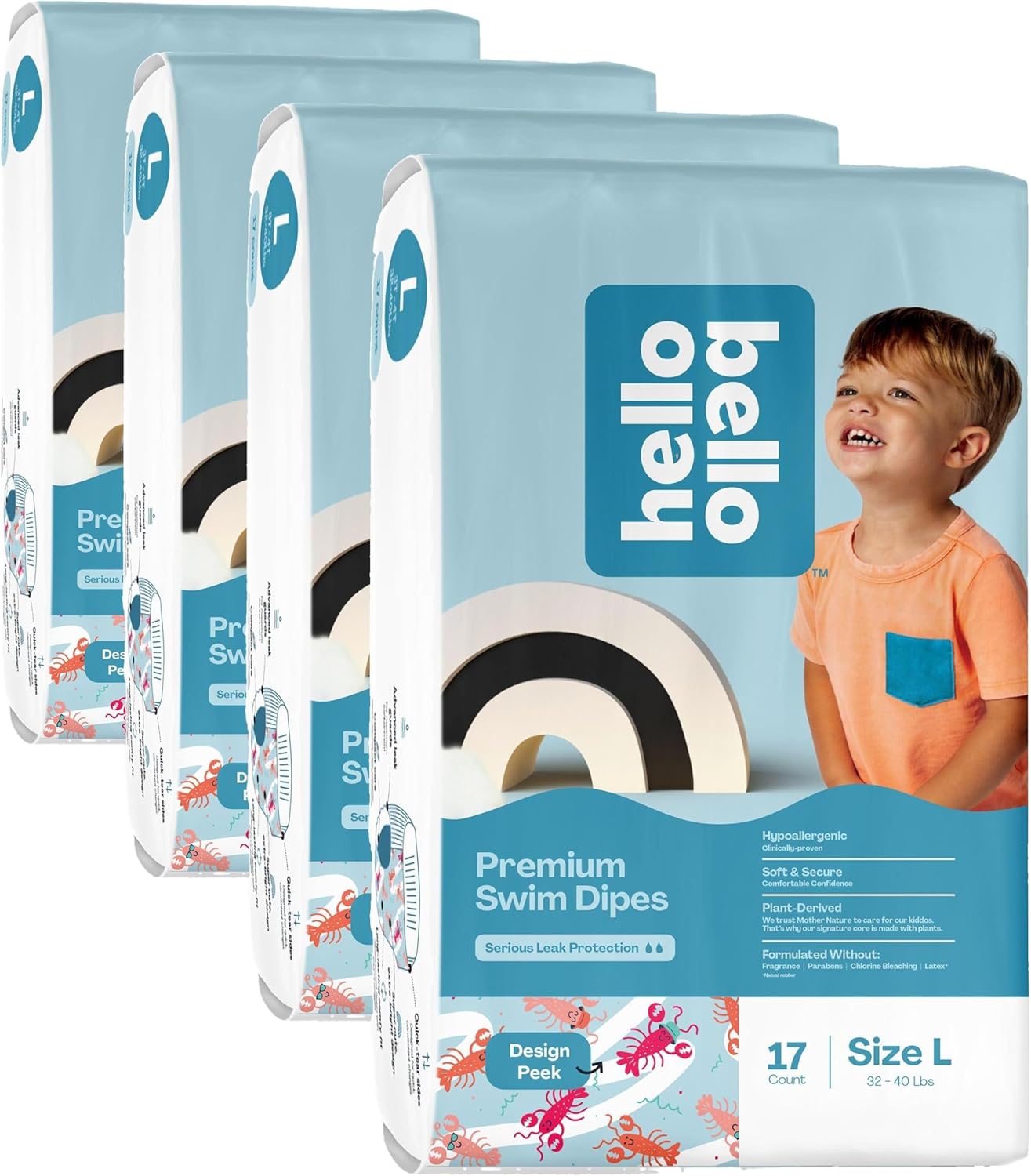 Hello Bello Swim Diapers Large | For 32-40 lbs | Lobster Design | Leak Protection | 17 Count, Pack of 4