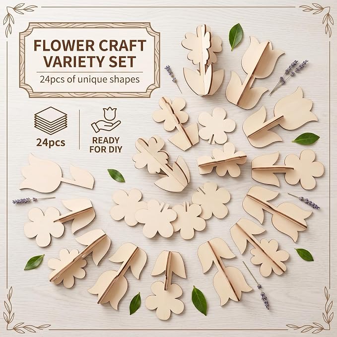 24-Piece 3D Craft Set Wooden Unfinished Wood Crafts Flowersspring Crafts
